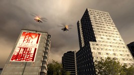 Helis and propaganda sign