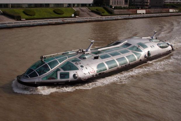 A futuristic looking cruise ship