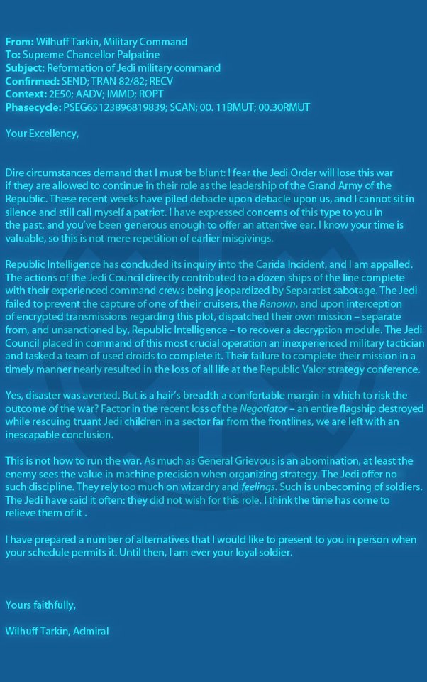 Tarkin's message to Palpatine (official "letter")
