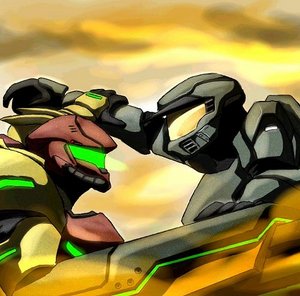 master chief fighting with samus aran