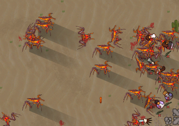 Screenshot of first firefight image - Arachnid Threat mod for RimWorld