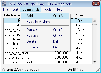 You have to click "Commands" then "Add" and now you have to search in your computer the files you want to ADD to your gta3.img.