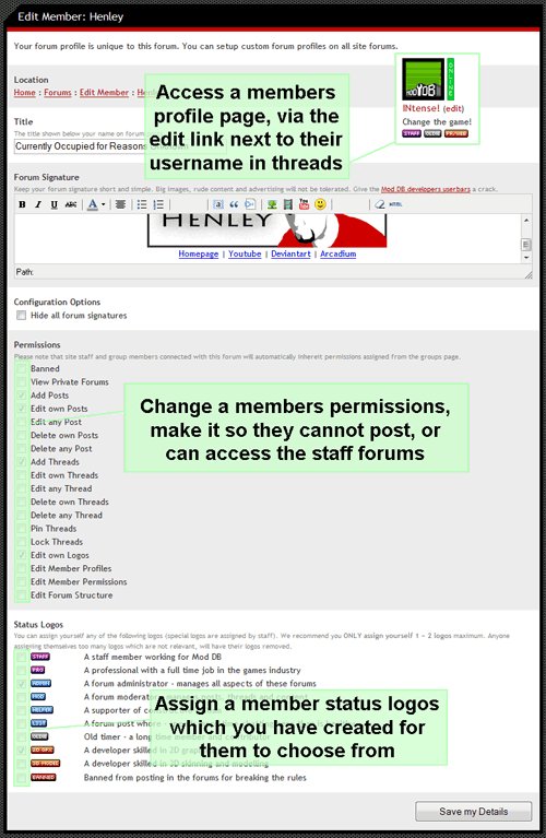 Manage a members profile and permissions
