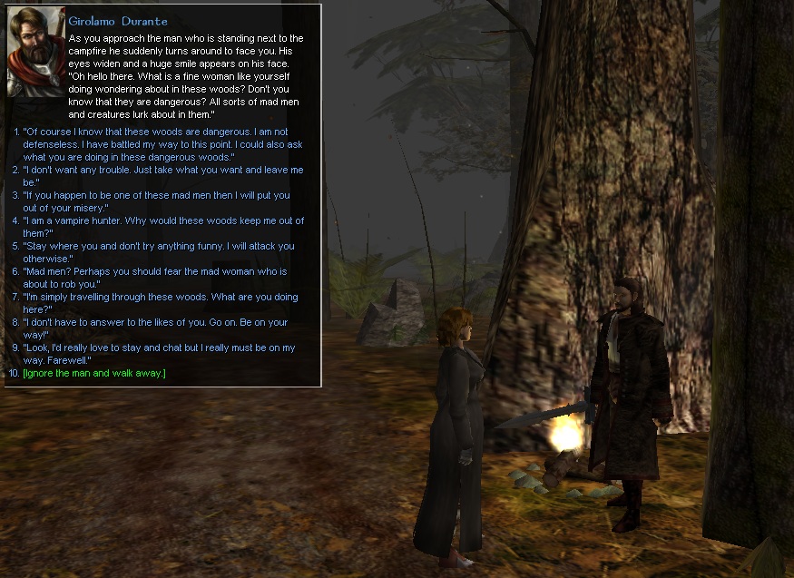 There are plenty of dialogue choices to choose from. Some dialogue is unique meaning that you need to reach a certain requirement to be able to access it. Each dialogue choice in the conversation shown here leads to different dialogue and information being learned. There are plenty of dialogue choices to choose from. Some dialogue is unique meaning that you need to reach a certain requirement to be able to access it. Each dialogue choice in the conversation shown here leads to different dialogue and information being learned.