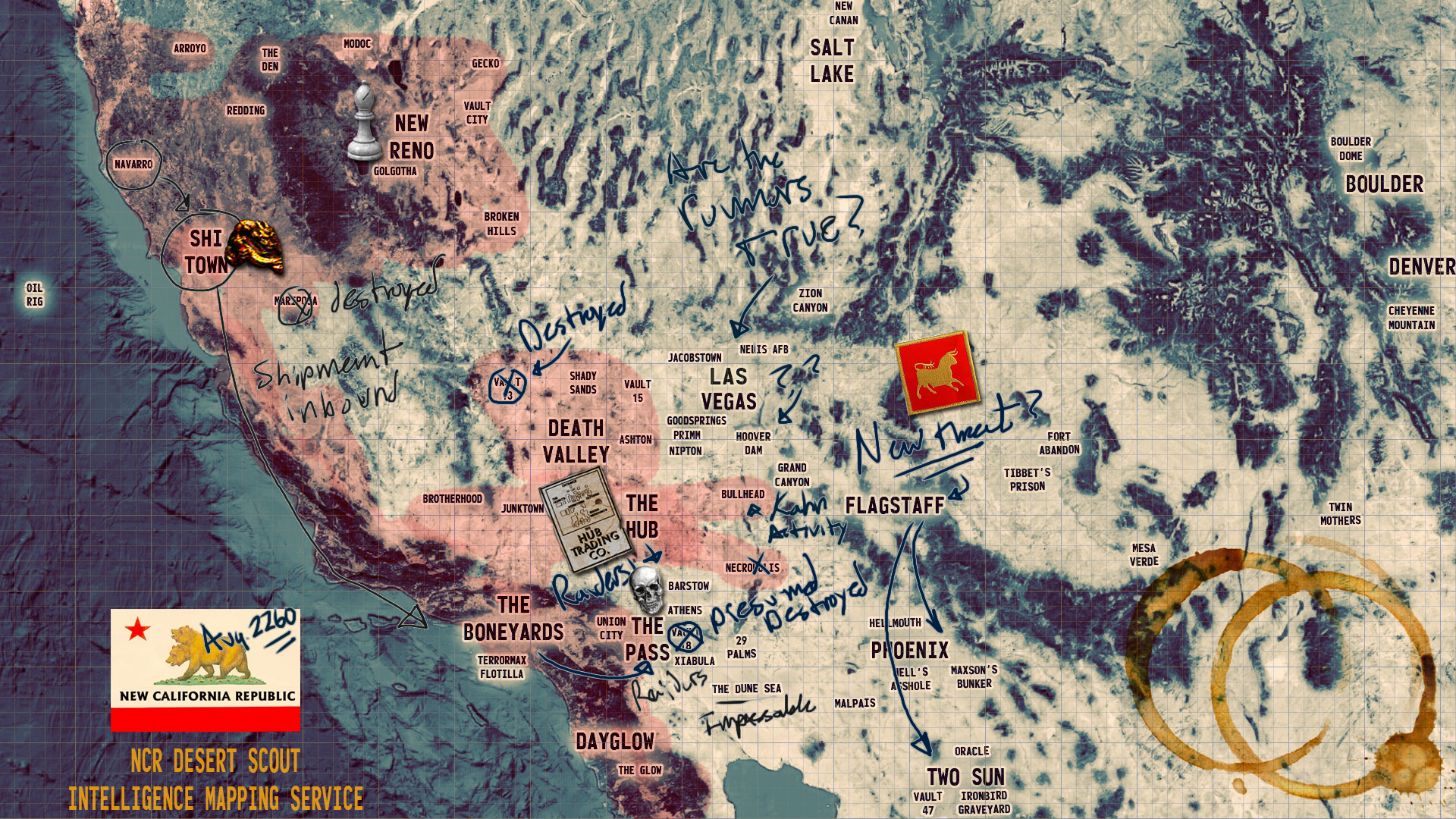 Fallout New Vegas - Map of West Coast Civilizations : imaginarymaps