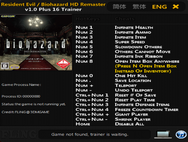 Resident Evil / Biohazard HD Remaster v1.0 Plus 16 Trainer ...