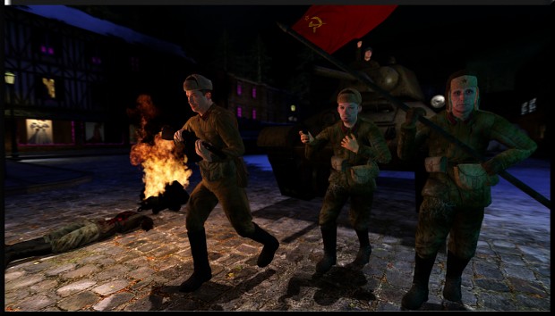Soviet troops advance through Berlin.