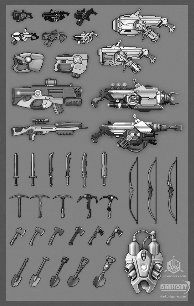 Game weapons concept sheet.