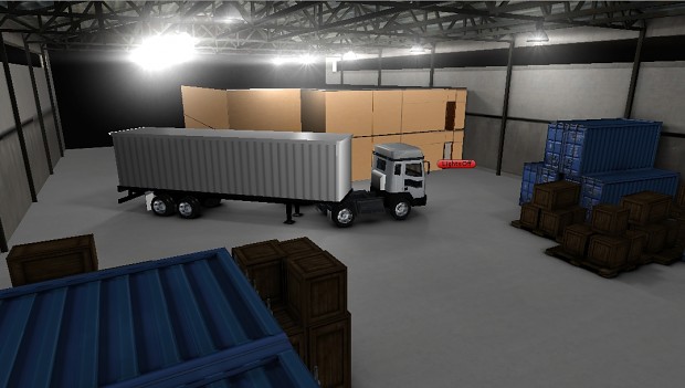 Truck and warehouse, in Unity.