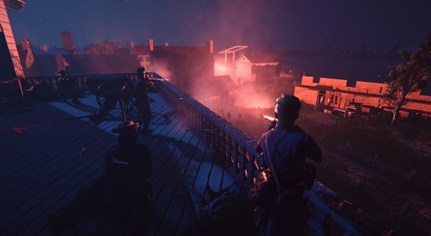 Siege at night. flares illuminating the surroundings