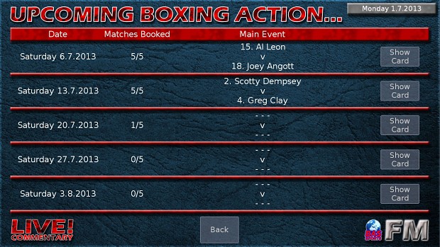 Boxing Manager Game - Upcoming Events