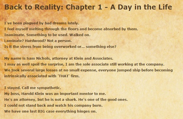 Back To Reality: Chapter 1 Intro