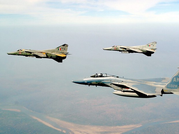 Two MiG-27s and F-15 Flight Formation