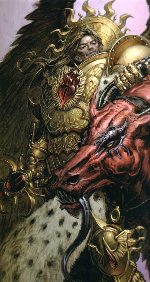 Sanguinius holding the head of a daemon