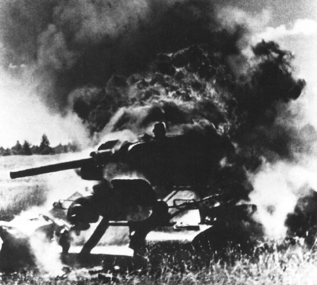 knocked out T34 wreck burning