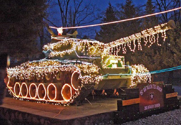 A tank in christmas decorations
