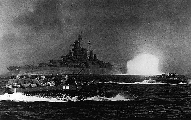 battleship provides fire support to landing boads