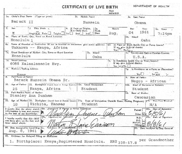 Obama Certificate of Live Birth - Kenya, registerd in Honolulu