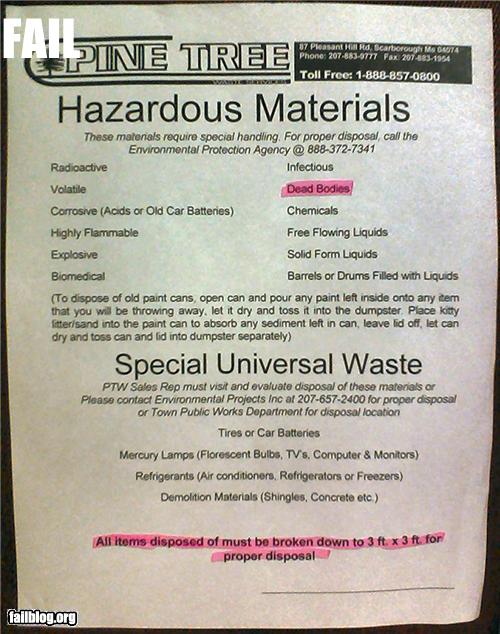 Hazardous materials, dead bodies, chemicals. etc..