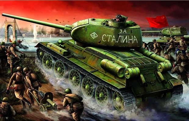 Red Army with T-34s and Maxims, painting