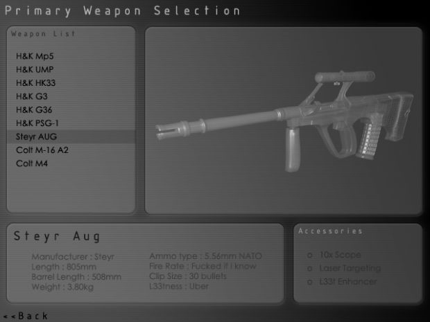 Primary Weapon Selection screen