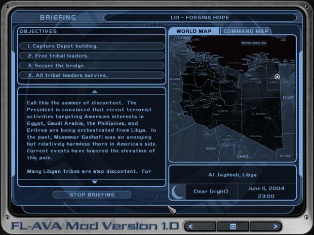 Briefing screen with region map