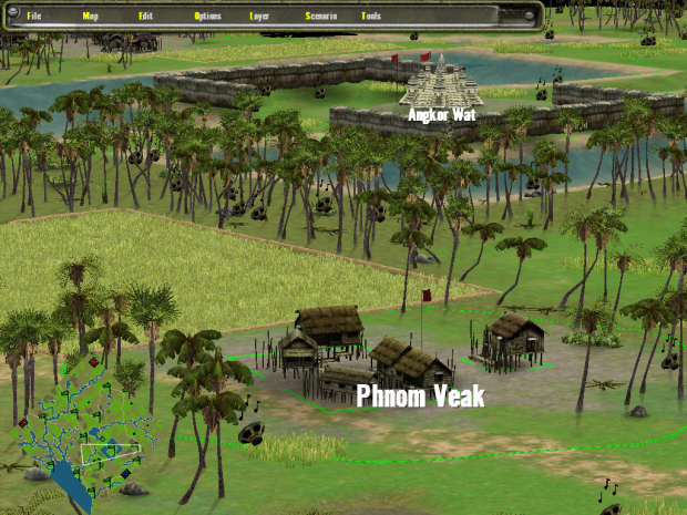 Angkor Wat, a Cambodian village, and a rice paddy