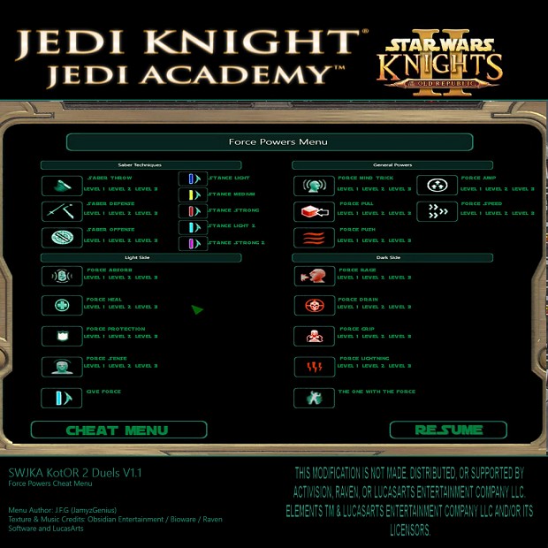 Star Wars Jedi Knight: Jedi Academy - Kotor 2 Duels V1.1 Force Powers Menu