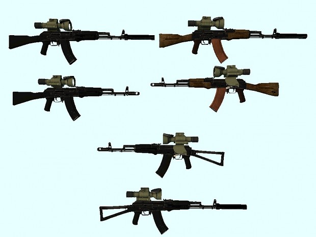 New weapons: AKS-74, AK-74M and AK-74 with Shakhin scope.