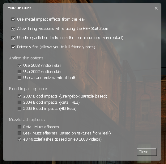 Mod options menu