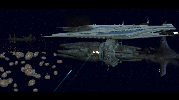 The Collector Cruiser receives fire from an Asari Cruiser (from off screen)