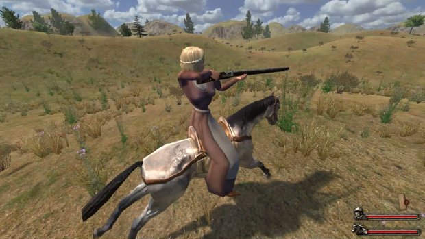 a girl with her horse and shotgun