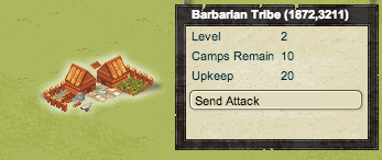 A Barbarian Camp, as well as the UI overlay for this Barbarian Camp. Visible are the Camp's Level, number of times the tribe can be defeated for loot, an approximation of the difficulty of the camp's forces, and the attack button.