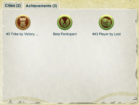 New Achievements system. This player has one Bronze Achievement and two Honorary Achievements, including one for participating in the Beta