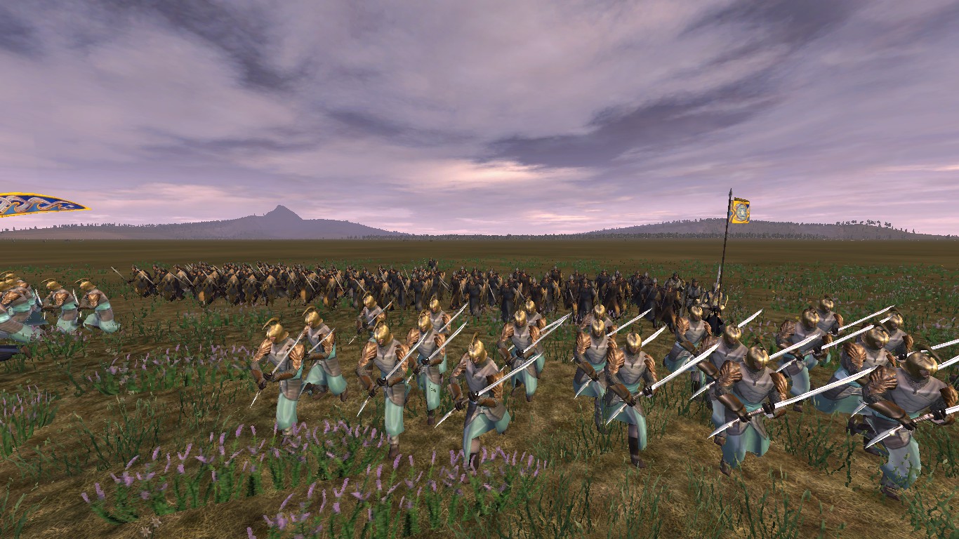 Falas Swordmasters and Mithlond Nobles charging valiantly toward some clansmen.