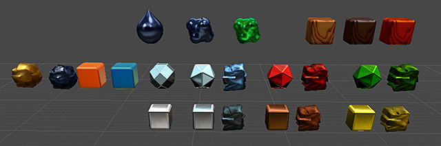 A variety of resource elements all using the same shader but looking very different