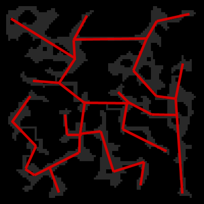 An example of what I would consider a poor cave map layout (for Cogmind at least), with its flow path marked.