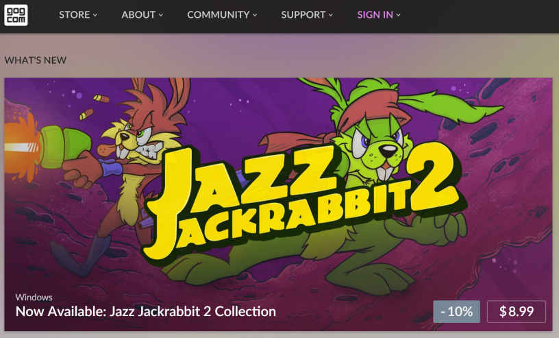 Screenshot of GOG.com with Jazz Jackrabbit 2 for sale