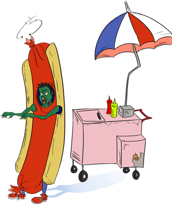 Zombie in hotdog suit