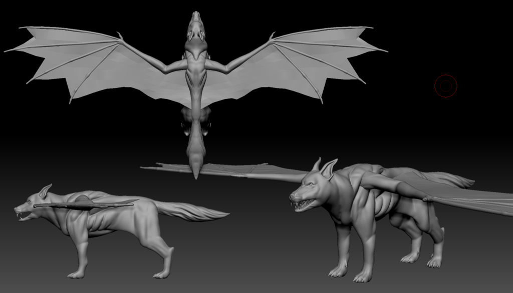 3 black and white 3D models of a Skyhound from different angles in ZBrush