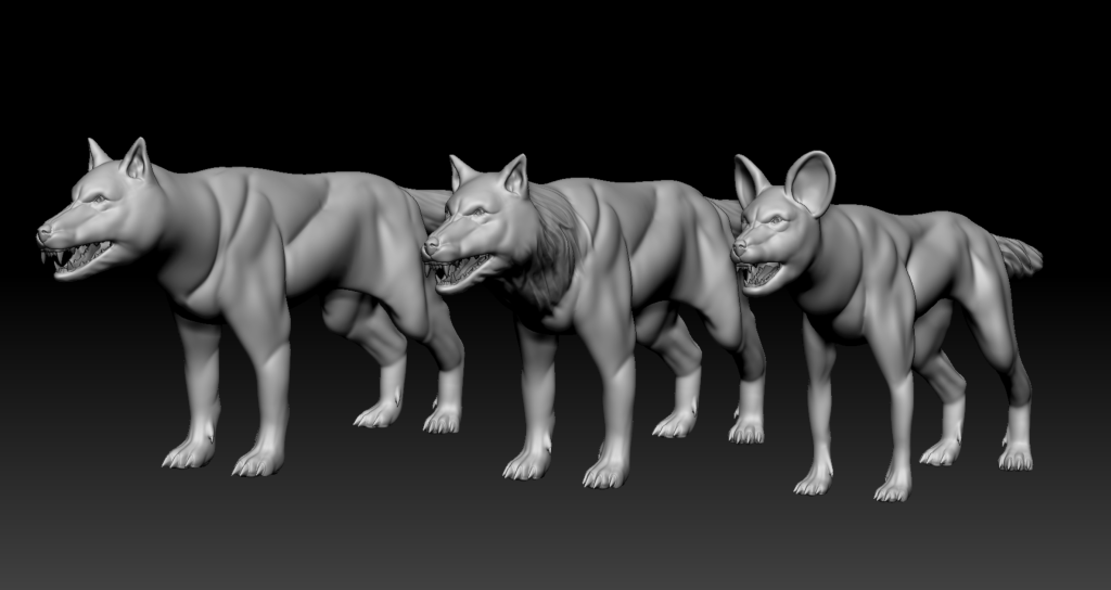 3 black and white 3D models of a dire wolf, ice husky and savannah wild dog lined up together in ZBrush