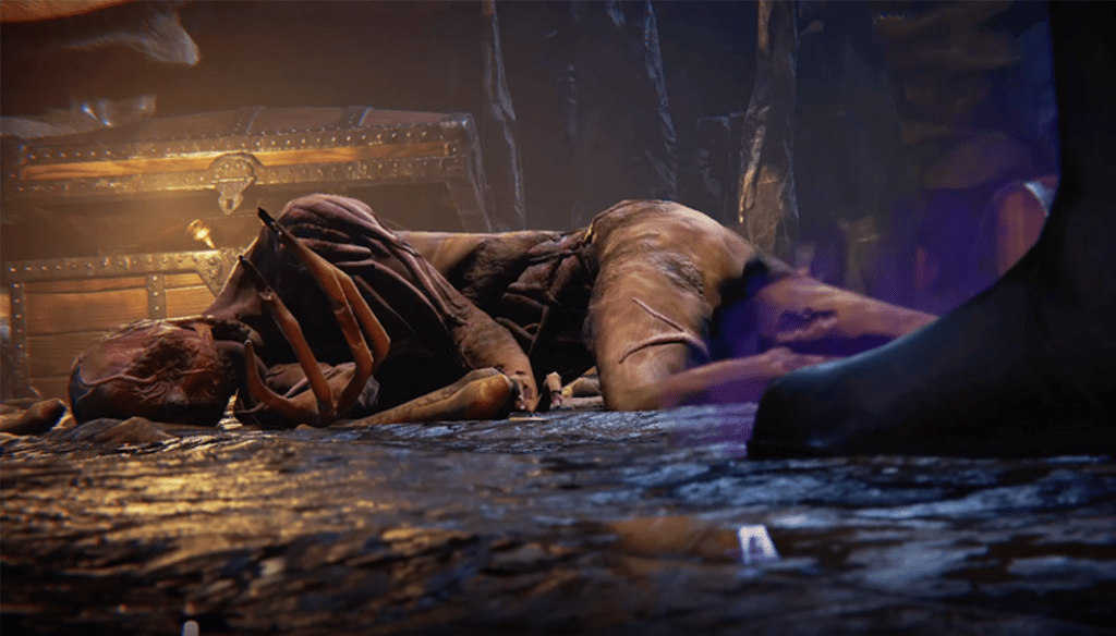 Screenshot from the teaser trailer of Depths of Erendorn, showing a dead zombie on the floor