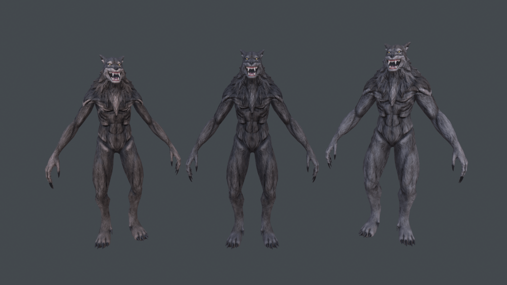 Three different sizes of Wolvajin models in ZBrush