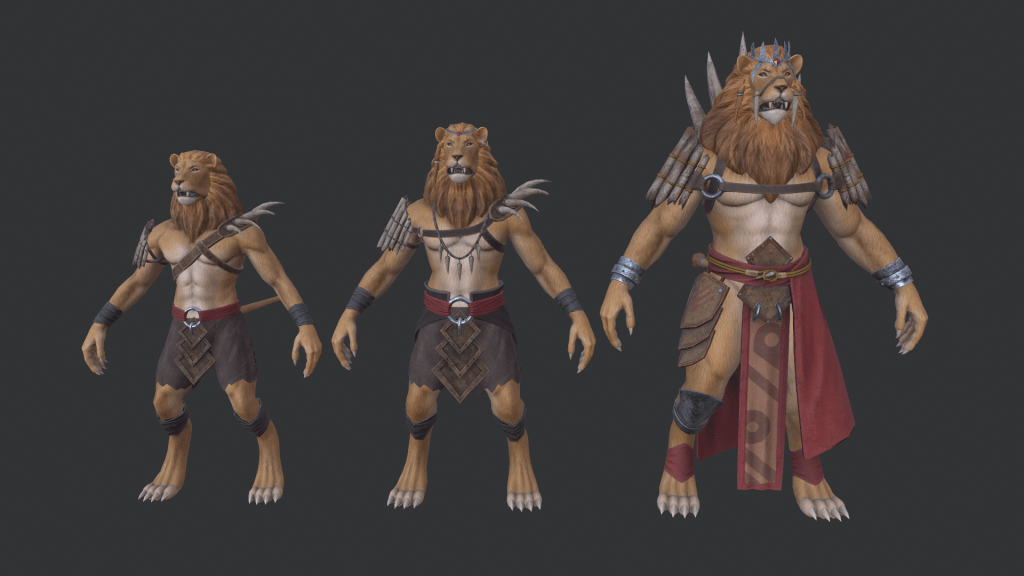 Lineup in ZBrush of 3 textured Lionmen models in ascending sizes, wearing clothing and armour