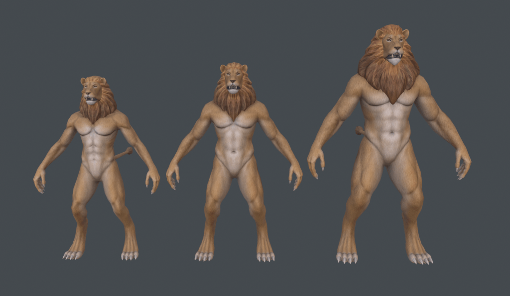 3 ascending sizes of textured Lionmen models