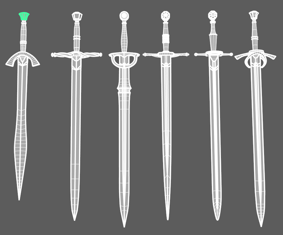 Wireframe meshes of 6 swords