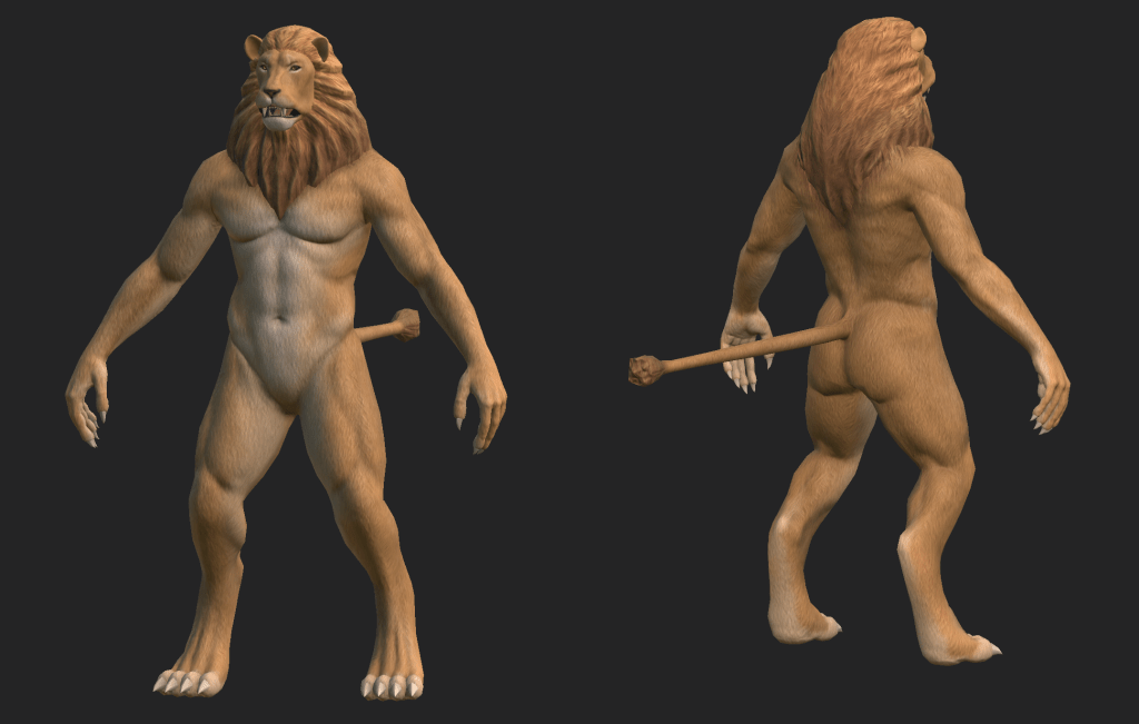Front and back of a textured Lionman with no clothes