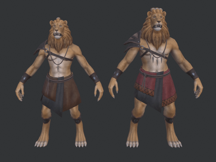 Lineup in ZBrush of 2 textured Untribed Lionmen wearing clothing and armour