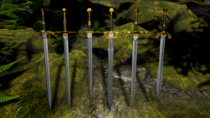 6 models of swords leaning against mossy rocks