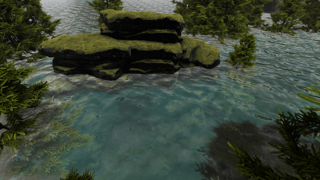 Screenshot from Depths of Erendorn showing mossy rocks in water